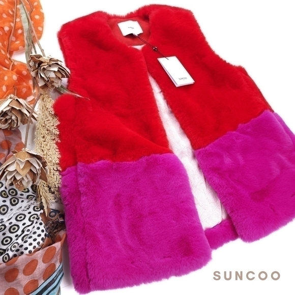 New Suncoo Super Super Soft Pink Red Fleece Faux Fur Color Block Vest Sz…